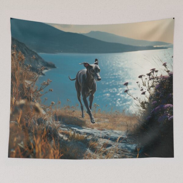 Item preview, A sleek Italian Greyhound sprinting across a sunlit coastal path, Dogs in Motion designed and sold by CDC40.