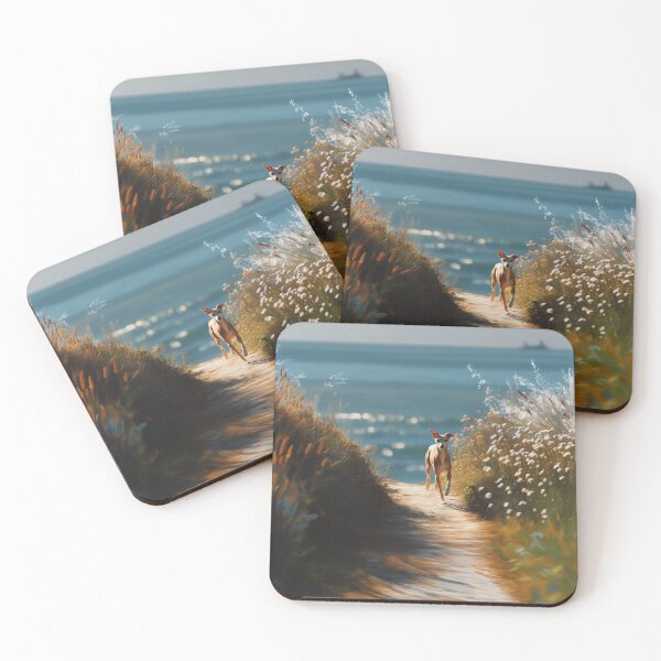 Item preview, A sleek Italian Greyhound sprinting across a sunlit coastal path, Dogs in Motion designed and sold by CDC40.