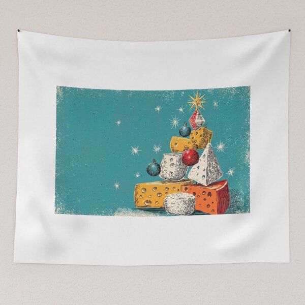 Item preview, Say CHEESE! A Festive Cheese Christmas Tree Stacked with Colorful Ornaments and Star Topped Starry Background designed and sold by OlfactoART Studio.