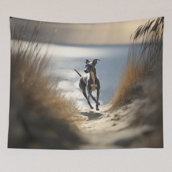 Item preview, A sleek Italian Greyhound sprinting across a sunlit coastal path, Dogs in Motion designed and sold by CDC40.