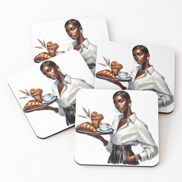 Item preview, Elegant Coffee Waitress Serving Fresh Pastries – Dark Skin Aesthetic Café Art designed and sold by Lulunza.