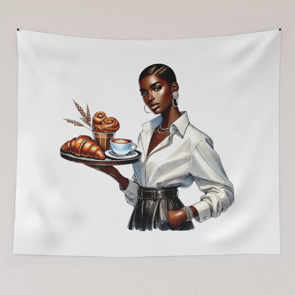 Item preview, Elegant Coffee Waitress Serving Fresh Pastries – Dark Skin Aesthetic Café Art designed and sold by Lulunza.