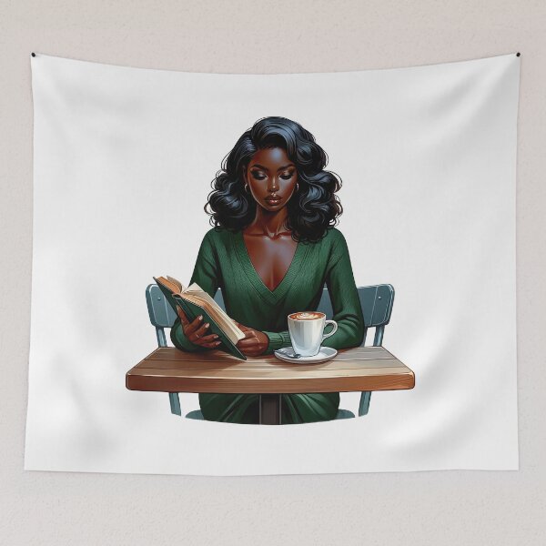 Item preview, Cozy Coffee Shop Reader – Dark Skin Woman Reading With Latte designed and sold by Lulunza.