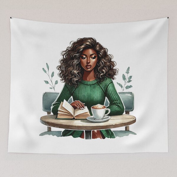 Item preview, Coffee Lover Reading at Café – Melanin Girl Cozy Book & Latte Art designed and sold by Lulunza.