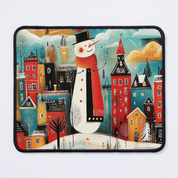 Item preview, A Joyful Snowman Standing Proud in a Star Lit Christmas Village of Colorful, Glowing Homes designed and sold by OlfactoART Studio.