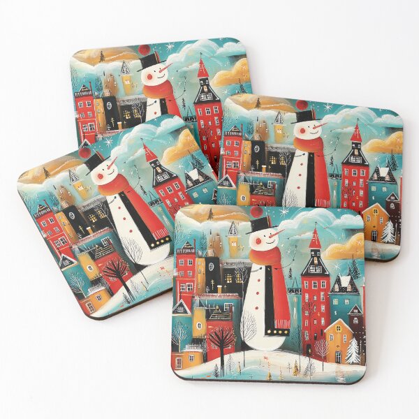 Item preview, A Joyful Snowman Standing Proud in a Star Lit Christmas Village of Colorful, Glowing Homes designed and sold by OlfactoART Studio.