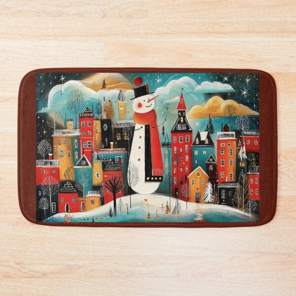 Item preview, A Joyful Snowman Standing Proud in a Star Lit Christmas Village of Colorful, Glowing Homes designed and sold by OlfactoART Studio.