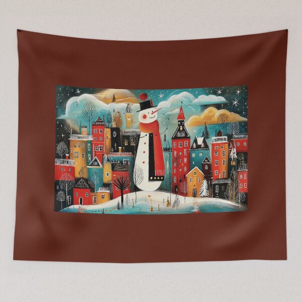 Item preview, A Joyful Snowman Standing Proud in a Star Lit Christmas Village of Colorful, Glowing Homes designed and sold by OlfactoART Studio.