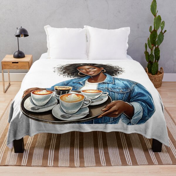 Item preview, Smiling Coffee Server Carrying Latte Tray – Melanin Café Girl Art designed and sold by Lulunza.