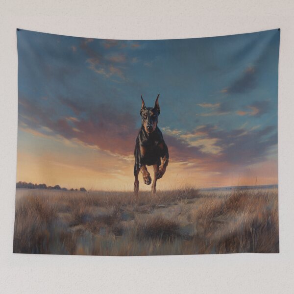 Item preview, A sleek Doberman Pinscher sprinting across an open plain at sunset, Dogs in Motion designed and sold by CDC40.