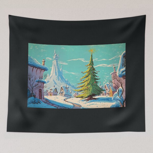 Item preview, A Whimsical Snow Covered Village with a Large Festive Christmas Tree and Towering Mountain Backdrop designed and sold by OlfactoART Studio.