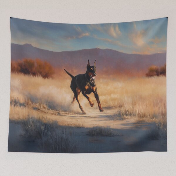 Item preview, A sleek Doberman Pinscher sprinting across an open plain at sunset, Dogs in Motion designed and sold by CDC40.