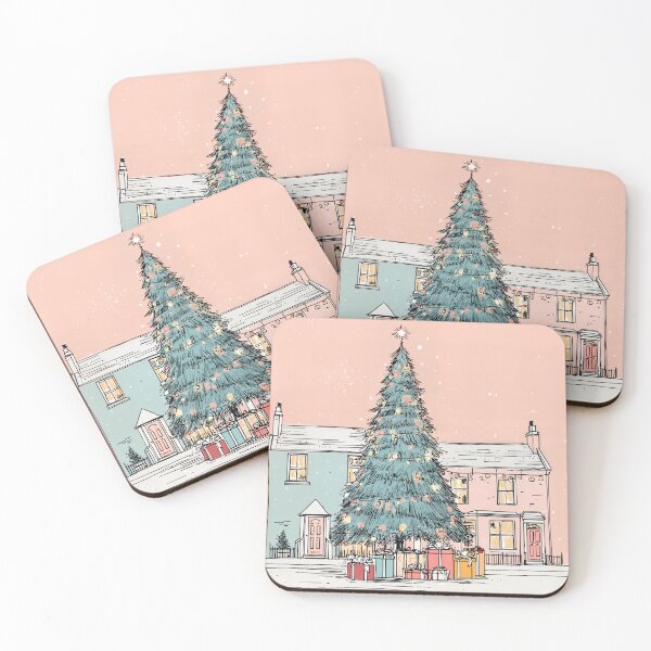Item preview, A Whimsical Decorated Christmas Tree with Lights and Gifts in Front of Charming Houses designed and sold by OlfactoART Studio.