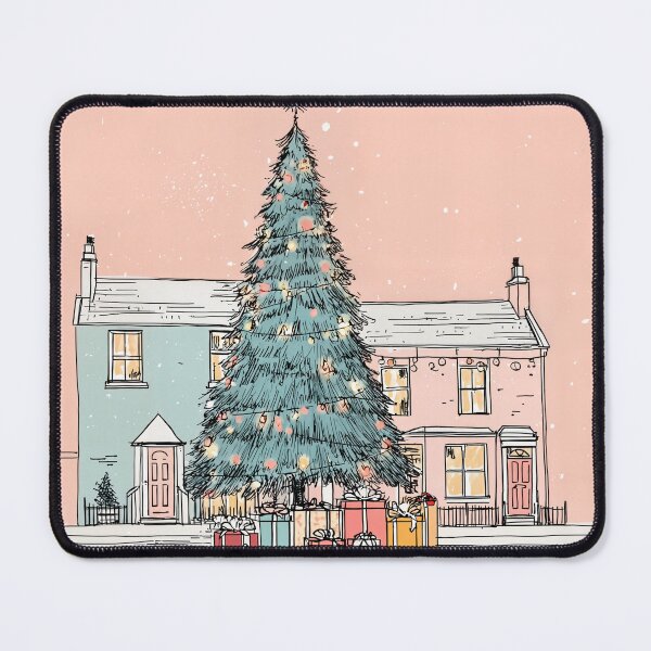 Item preview, A Whimsical Decorated Christmas Tree with Lights and Gifts in Front of Charming Houses designed and sold by OlfactoART Studio.