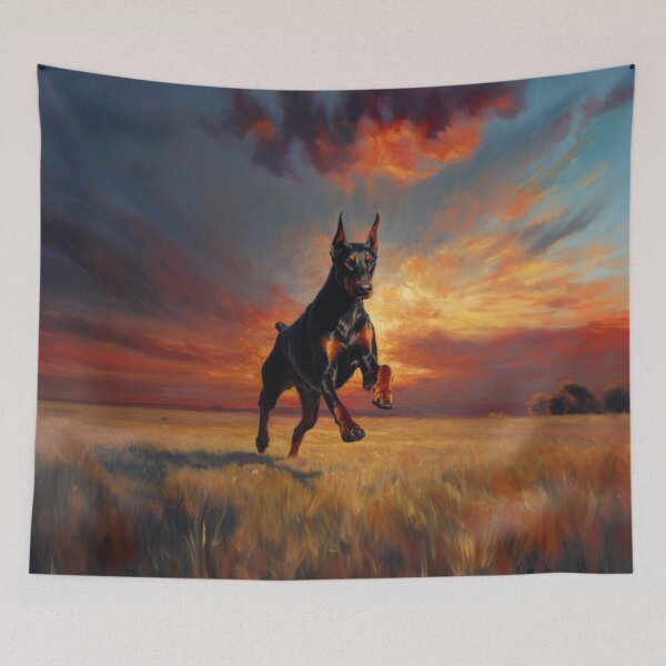 Item preview, A sleek Doberman Pinscher sprinting across an open plain at sunset, Dogs in Motion designed and sold by CDC40.