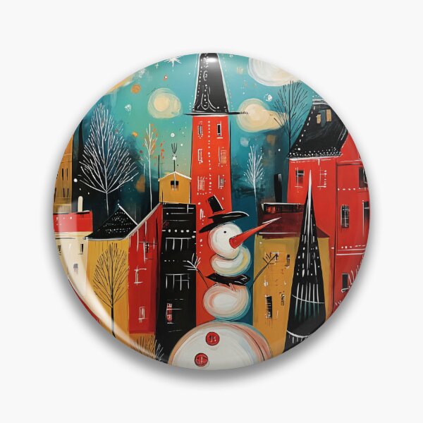 Item preview, A Snow Covered Christmas Village with a Cheerful Snowman and Winter Trees designed and sold by OlfactoART Studio.