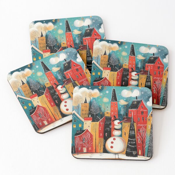 Item preview, A Snow Covered Christmas Village with a Cheerful Snowman and Winter Trees designed and sold by OlfactoART Studio.