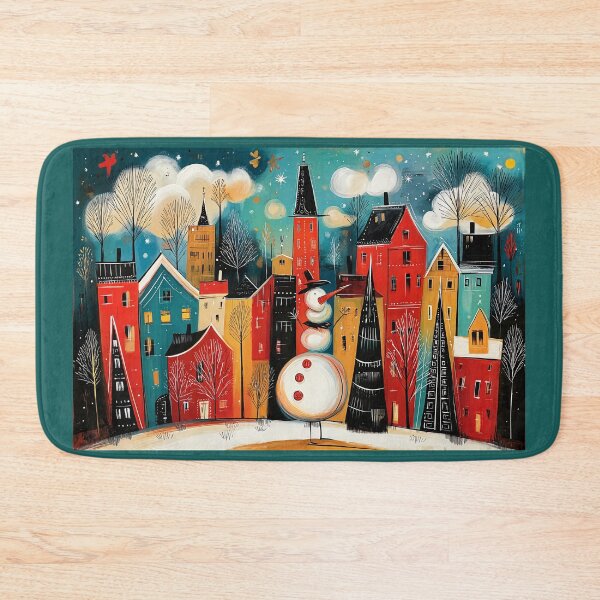 Item preview, A Snow Covered Christmas Village with a Cheerful Snowman and Winter Trees designed and sold by OlfactoART Studio.
