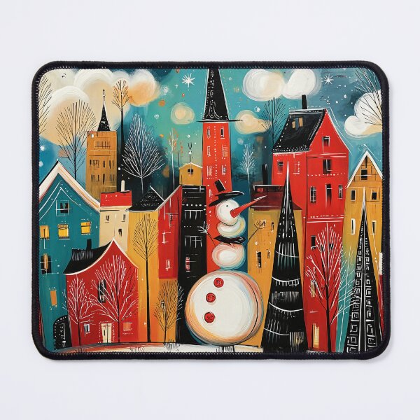 Item preview, A Snow Covered Christmas Village with a Cheerful Snowman and Winter Trees designed and sold by OlfactoART Studio.