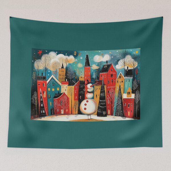 Item preview, A Snow Covered Christmas Village with a Cheerful Snowman and Winter Trees designed and sold by OlfactoART Studio.