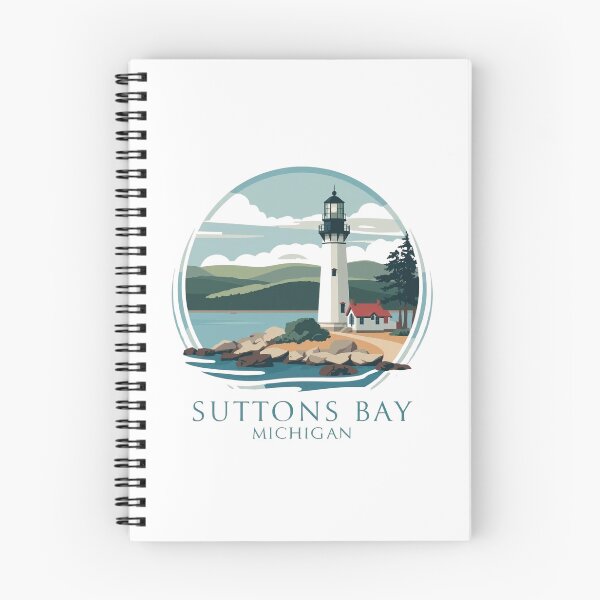 Artikelvorschau, Leuchtturm von Suttons Bay, Michigan, am Meer mit Haus und Bäumen – Küstenlandschaftsillustration für Tourismus- und Reisebranding entworfen und verkauft von Rue Design Company.