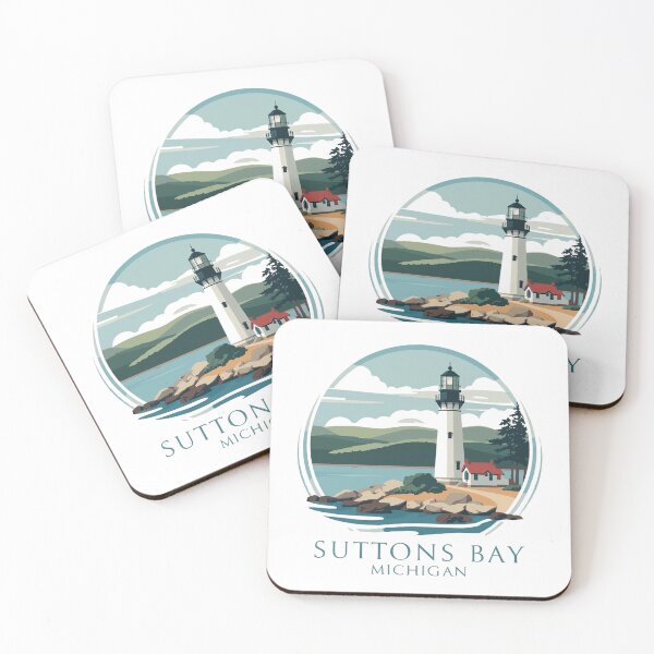 Item preview, Suttons Bay Michigan Lighthouse By The Sea With House And Trees – Coastal Landscape Illustration for Tourism and Travel Branding designed and sold by Rue Market.