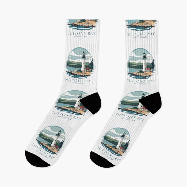 Item preview, Suttons Bay Michigan Lighthouse By The Sea With House And Trees – Coastal Landscape Illustration for Tourism and Travel Branding designed and sold by Rue Market.