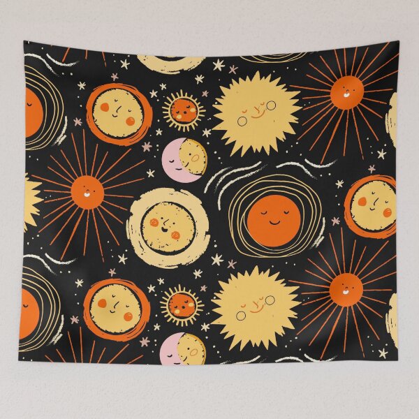 Item preview, Retro Black, Orange, Yellow ,Pink Mod Stylized Planets, Sun, Moon & Stars designed and sold by RetroMaggie.