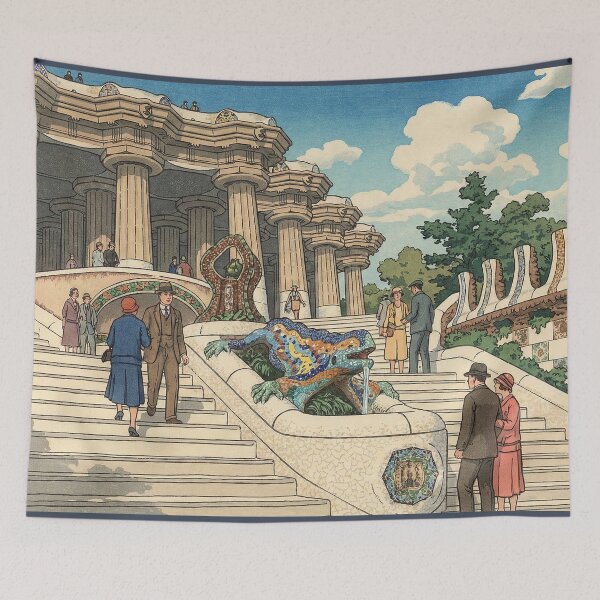 Item preview, The Dragon Stairway of Park Guell Japanese Woodblock Print designed and sold by Takeda-art.