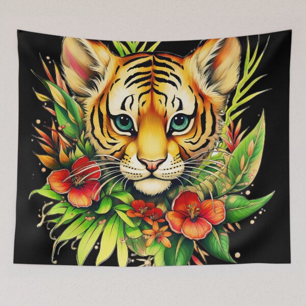 Item preview, Cute Chibi Baby Tiger With Colorful Floral Collar designed and sold by DEC02.