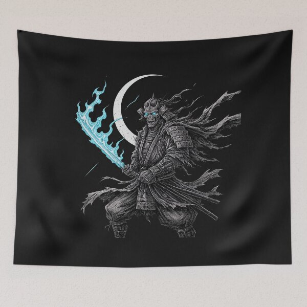 Item preview, “Skeletal Samurai Warrior – Glowing Blue Sword Art for Fantasy Horror Merch” designed and sold by Vibepop.store.