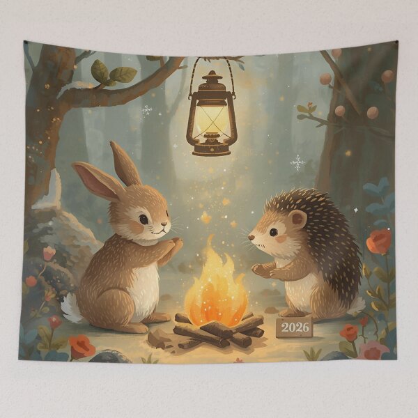 Item preview, Whimsical Rabbit and Hedgehog New Year 2026 Warmth Scene designed and sold by WildlifeWhimsy.