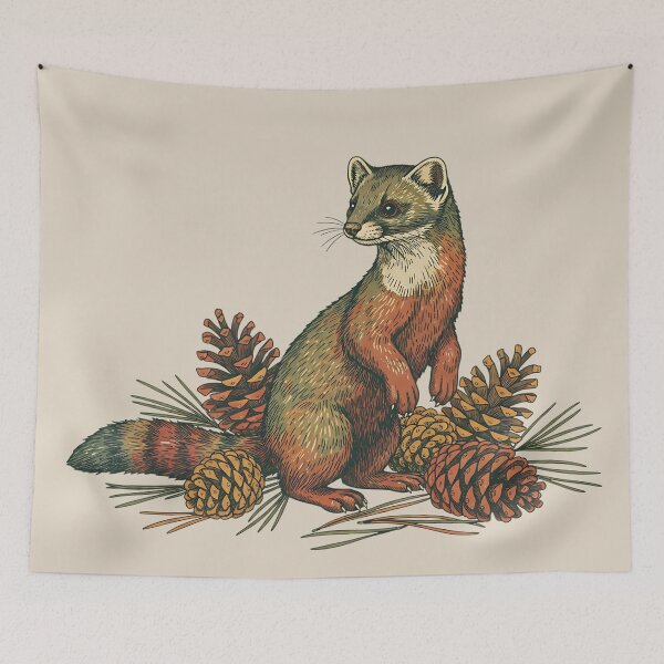 Item preview, Vintage Pine Marten with Forest Cones designed and sold by BirdsnStuff.
