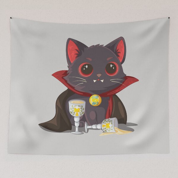 Item preview, Cute Vampire Cat in Red Cape with Goblets and Spilled Drink designed and sold by Mariia Berezhna.