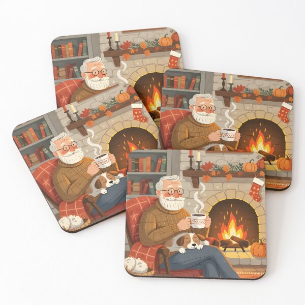 Item preview, Heartwarming illustrated scene of an elderly man by a crackling fireplace with a furry dog naps on his lap. designed and sold by Ponted.