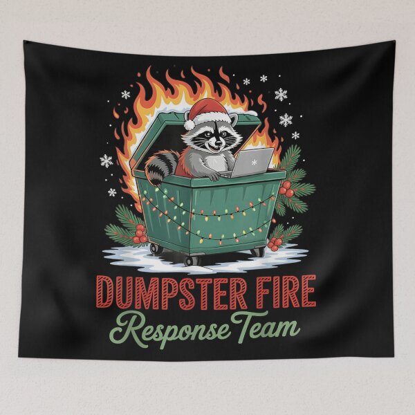 Item preview, Raccoon Working on Laptop in a Flaming Dumpster Fire for Christmas designed and sold by Suzu Comena.