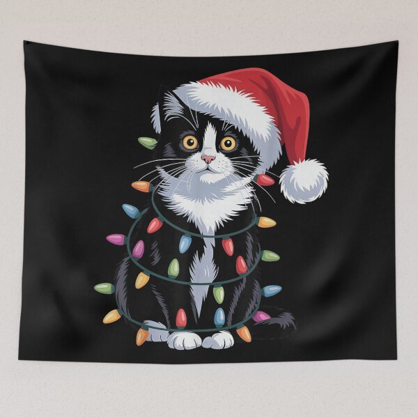 Item preview, Adorable Black and White Kitten Tangled in Colorful Christmas Lights designed and sold by Chaya Reid.