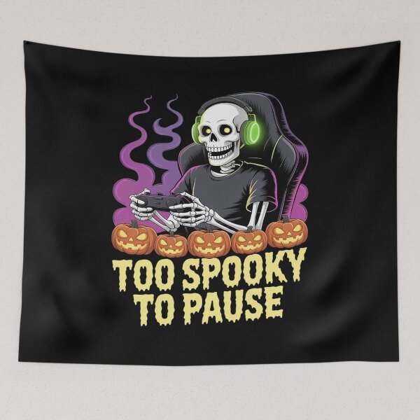 Artikelvorschau, Zu gruselig zum Pausieren – Halloween-Skelett-Gamer entworfen und verkauft von SnackPAC.