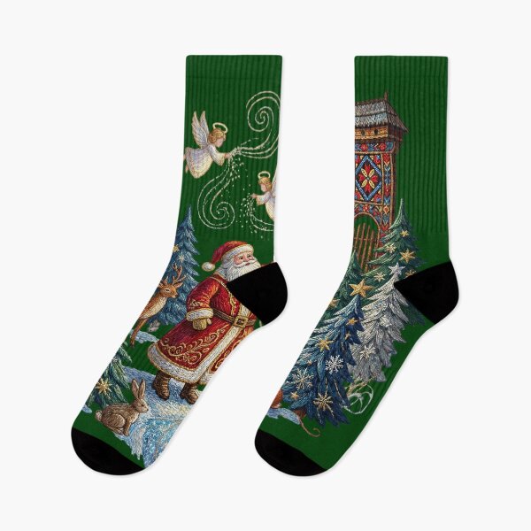 Item preview, Romanian Folk Embroidery Christmas Scene – Magical Santa Claus, Angels & Winter Forest Illustration designed and sold by Maximilianos.
