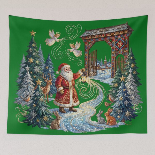Item preview, Romanian Folk Embroidery Christmas Scene – Magical Santa Claus, Angels & Winter Forest Illustration designed and sold by Maximilianos.