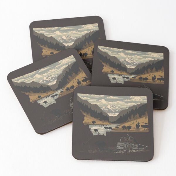 Item preview, Montana Silhouette Landscape Art | Bison, Cowboy, Grizzly Bear & Barn Vintage Style Print designed and sold by TitanRN.