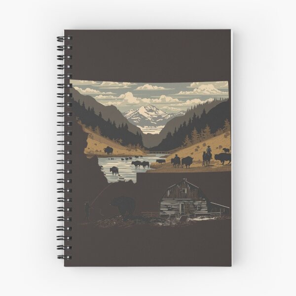 Item preview, Montana Silhouette Landscape Art | Bison, Cowboy, Grizzly Bear & Barn Vintage Style Print designed and sold by TitanRN.
