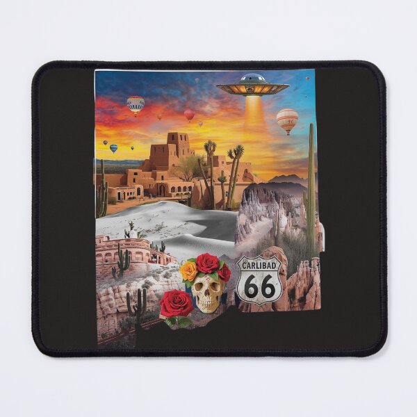 Item preview, New Mexico Weird – UFO Route 66 Sugar Skull White Sands Alien Collage designed and sold by TitanRN.