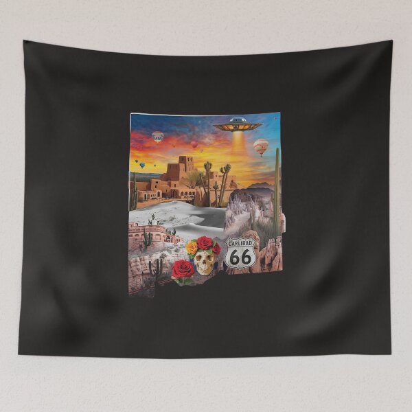 Item preview, New Mexico Weird – UFO Route 66 Sugar Skull White Sands Alien Collage designed and sold by TitanRN.