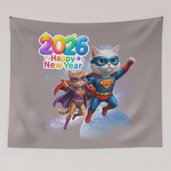 Item preview, Superhero Cat Couple NYE | Metallic & Sparkly Hero Suits on Rooftop designed and sold by E-SarnEdge.