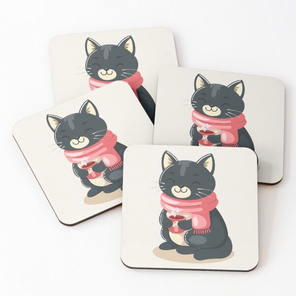 Item preview, Cute Cozy Black Cat with Scarf Holding a Warm Drink Illustration designed and sold by Mariia Berezhna.
