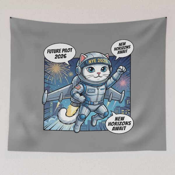 Item preview, Superhero Cat Couple Flying into 2026 | Comic Style New Year Heroes designed and sold by E-SarnEdge.