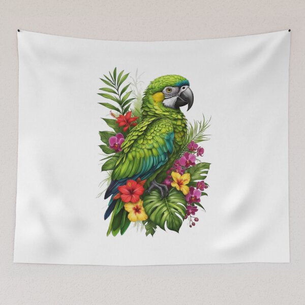 Item preview, Colorful Green Macaw Parrot, Hibiscus & Tropical Orchids designed and sold by CHRIST5000.