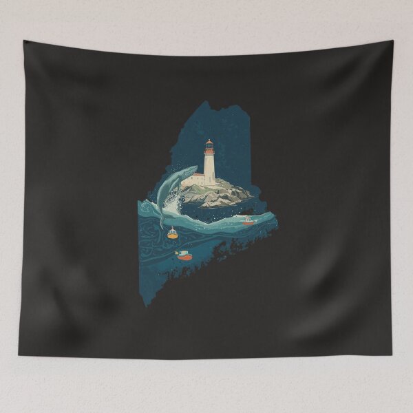 Item preview, Maine State Art Print – Whale & Lighthouse Coastal Night Illustration designed and sold by TitanRN.