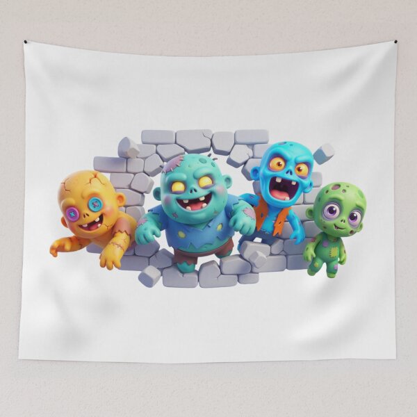 Item preview, Cute Colorful Pixar-Style Zombie Characters Bursting Through Wall | 3D Cartoon Illustration designed and sold by Zippy Creation.